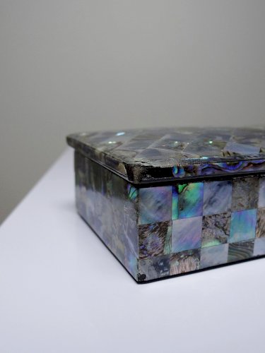 Plumier vintage/ancien bois laqué et marqueterie de nacre abalone