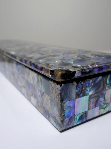 Plumier vintage/ancien bois laqué et marqueterie de nacre abalone