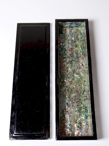 Plumier vintage/ancien bois laqué et marqueterie de nacre abalone