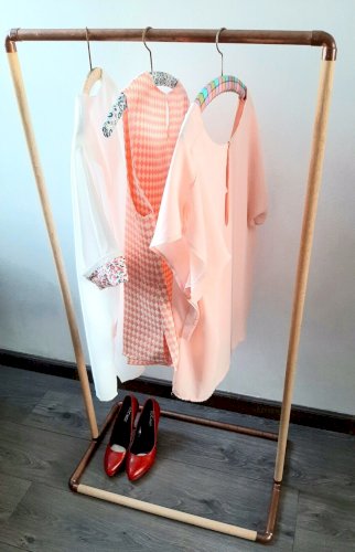 Portant A Vetement Cuivre Et Bois Style Vintage