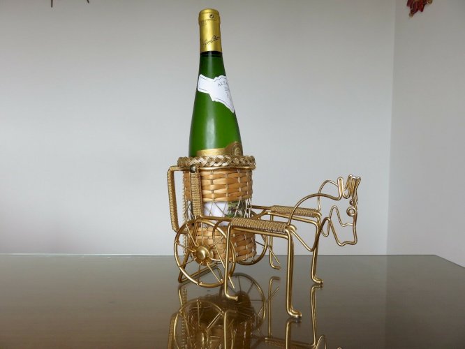 PORTE BOUTEILLE METAL DORE ET ROTIN ANNEES 50 60 VINTAGE