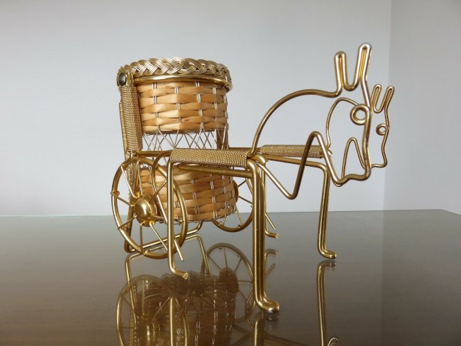 PORTE BOUTEILLE METAL DORE ET ROTIN ANNEES 50 60 VINTAGE