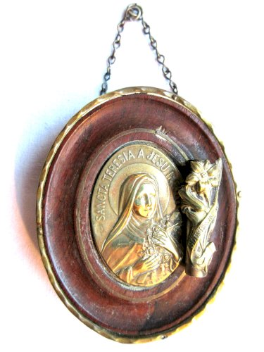 Porte-buis laiton, médaillon acajou style Napoléon III Sainte Thérèse de Lisieux