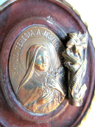 Porte-buis laiton, médaillon acajou style Napoléon III Sainte Thérèse de Lisieux