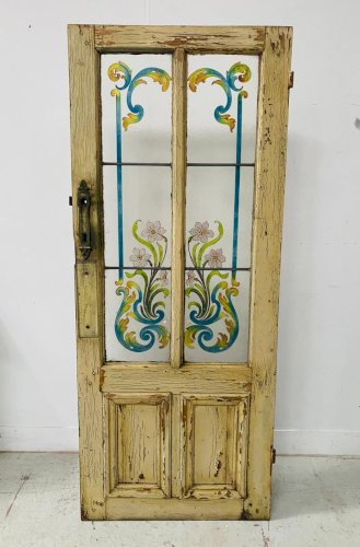 Porte de passage en sapin patiné et verre peint Art Déco
