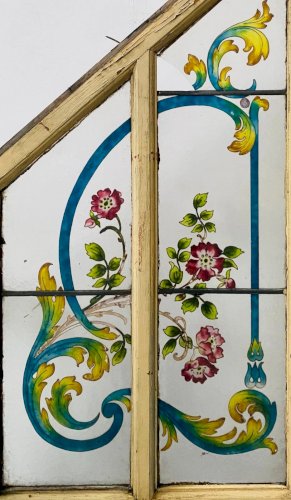 Porte de sous escalier en sapin et verre peint XX siècle