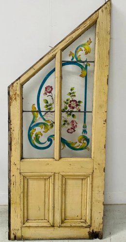 Porte de sous escalier en sapin et verre peint XX siècle
