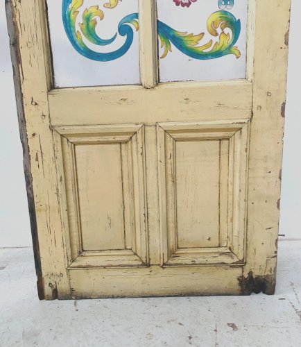 Porte de sous escalier en sapin et verre peint XX siècle