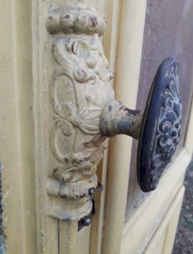 Porte d'entrée cintrée double XIX° chêne grilles et verres ancienne