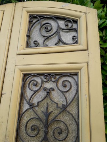 Porte d'entrée cintrée double XIX° chêne grilles et verres ancienne