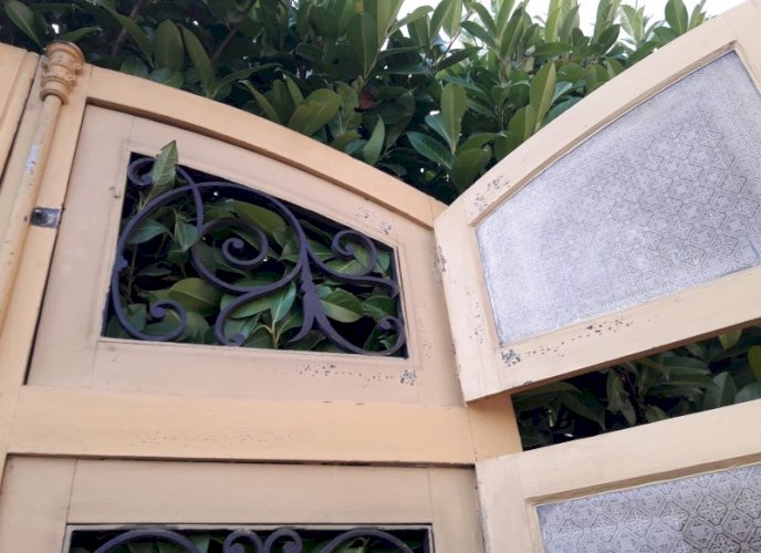 Porte d'entrée cintrée double XIX° chêne grilles et verres ancienne