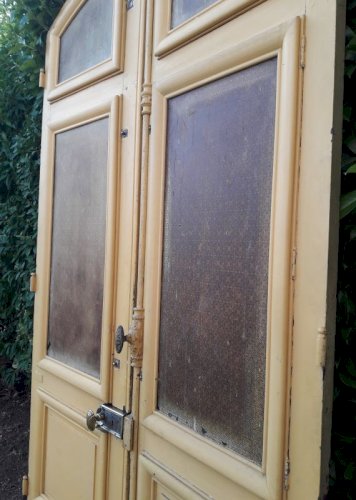 Porte d'entrée cintrée double XIX° chêne grilles et verres ancienne