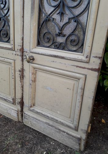 Porte d'entrée cintrée double XIX° chêne grilles et verres ancienne