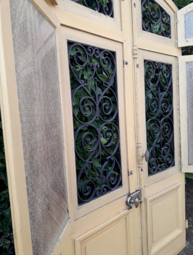 Porte d'entrée cintrée double XIX° chêne grilles et verres ancienne