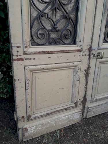 Porte d'entrée cintrée double XIX° chêne grilles et verres ancienne