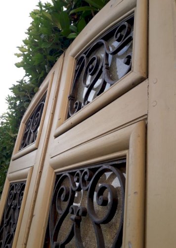 Porte d'entrée cintrée double XIX° chêne grilles et verres ancienne