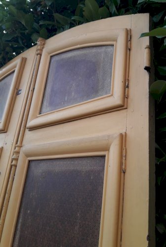Porte d'entrée cintrée double XIX° chêne grilles et verres ancienne