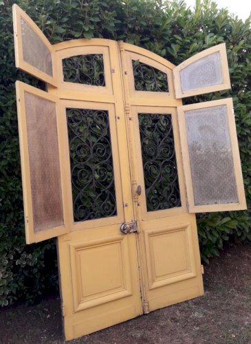 Porte d'entrée cintrée double XIX° chêne grilles et verres ancienne