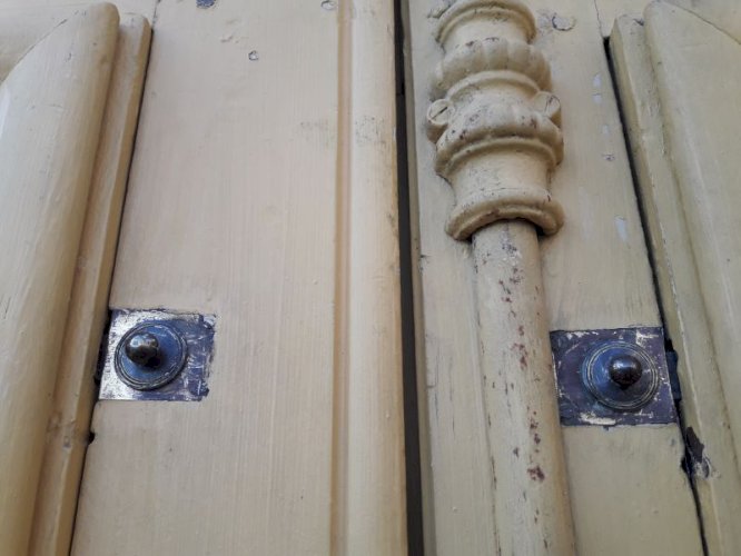 Porte d'entrée cintrée double XIX° chêne grilles et verres ancienne