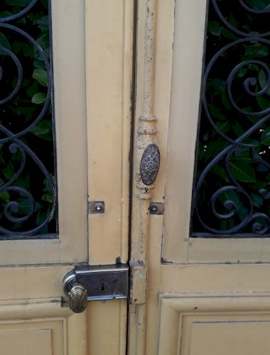 Porte d'entrée cintrée double XIX° chêne grilles et verres ancienne