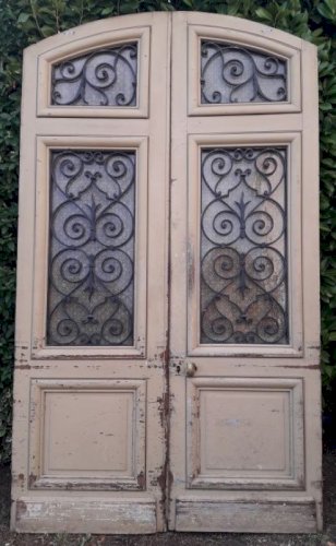 Porte d'entrée cintrée double XIX° chêne grilles et verres ancienne