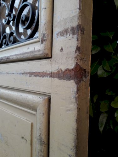 Porte d'entrée cintrée double XIX° chêne grilles et verres ancienne