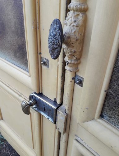 Porte d'entrée cintrée double XIX° chêne grilles et verres ancienne