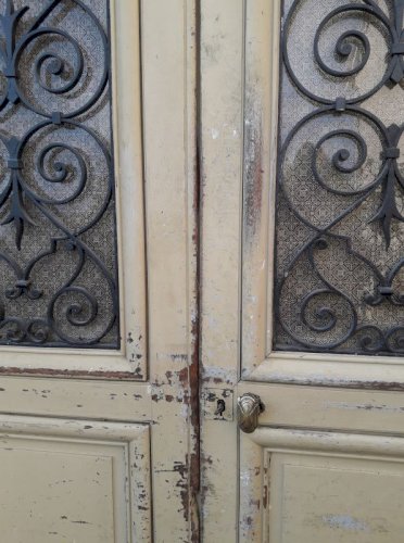 Porte d'entrée cintrée double XIX° chêne grilles et verres ancienne