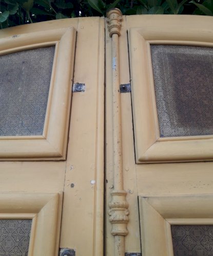 Porte d'entrée cintrée double XIX° chêne grilles et verres ancienne