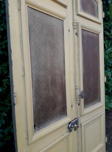 Porte d'entrée cintrée double XIX° chêne grilles et verres ancienne