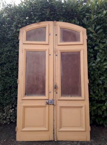 Porte d'entrée cintrée double XIX° chêne grilles et verres ancienne