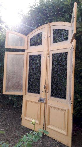 Porte d'entrée cintrée double XIX° chêne grilles et verres ancienne