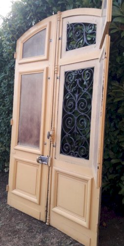 Porte d'entrée cintrée double XIX° chêne grilles et verres ancienne