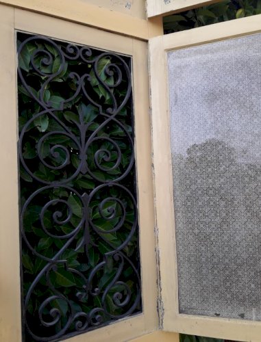 Porte d'entrée cintrée double XIX° chêne grilles et verres ancienne