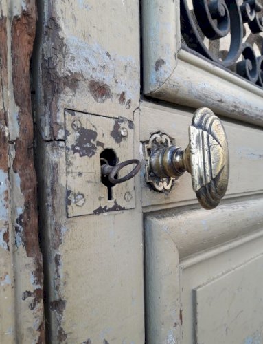 Porte d'entrée cintrée double XIX° chêne grilles et verres ancienne