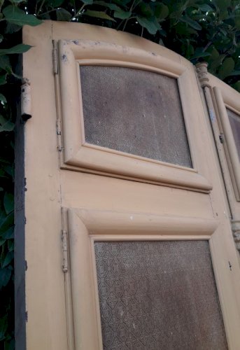 Porte d'entrée cintrée double XIX° chêne grilles et verres ancienne