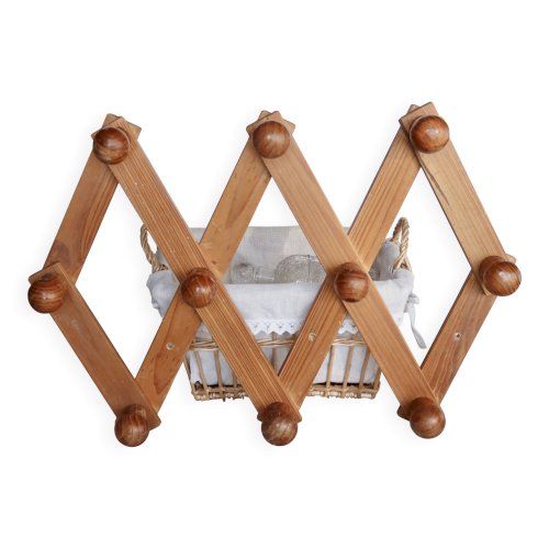 Porte-manteau mural ancien accordéon en pin foncé, 10 patères en bois