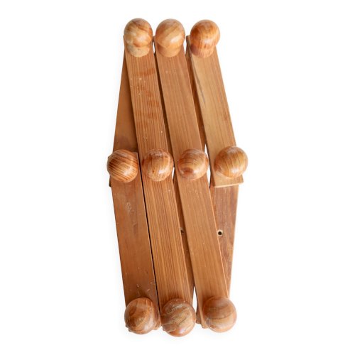 Porte-manteau mural ancien accordéon en pin foncé, 10 patères en bois