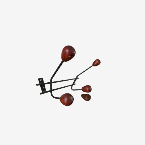 PORTE MANTEAU MURAL SCANDINAVE FER FORGE NOIR BOULES BOIS 4 PATERES 1960 VINTAGE