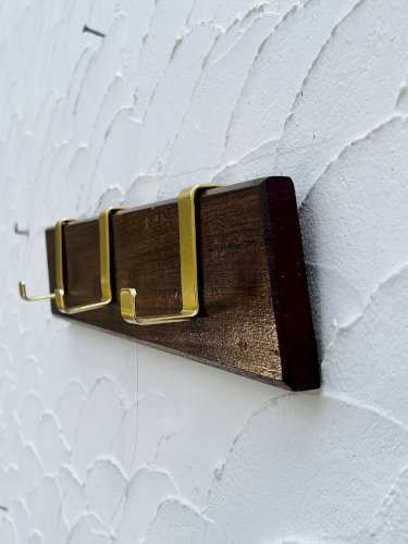 Porte manteau vintage bois et laiton 3 patères années 60