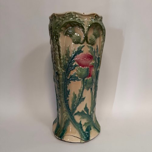 Porte-parapluie en barbotine 1900 Art Nouveau décor de chardons L9326