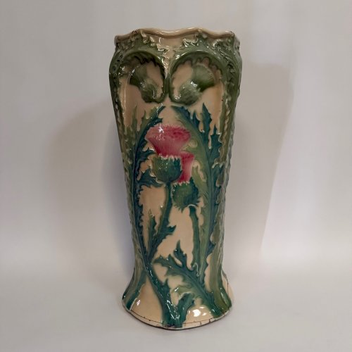 Porte-parapluie en barbotine 1900 Art Nouveau décor de chardons L9326