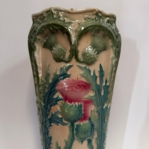 Porte-parapluie en barbotine 1900 Art Nouveau décor de chardons L9326