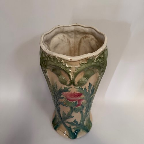 Porte-parapluie en barbotine 1900 Art Nouveau décor de chardons L9326
