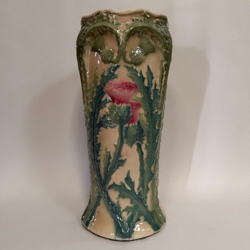 Porte-parapluie en barbotine 1900 Art Nouveau décor de chardons L9326