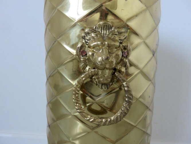 PORTE PARAPLUIE OU PORTE CANNE TETE DE LION EN LAITON DORE ANNEES 70 VINTAGE 
