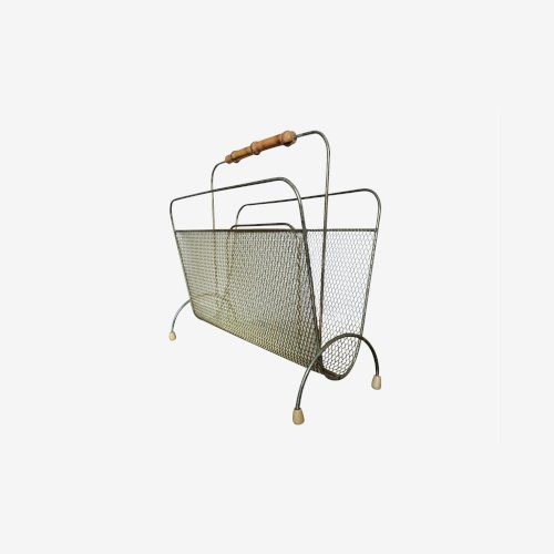 PORTE REVUES EN METAL DEPLOYE DORE ET POIGNEE EN BAMBOU ANNEES 50 60 VINTAGE