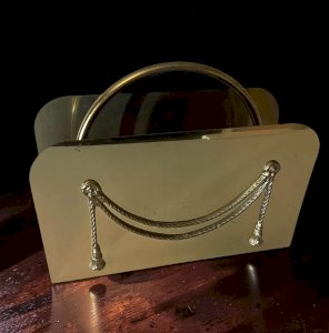 Vintage brass magazine rack – Draped decor – Antique magazine holder – Elegant retro decoration