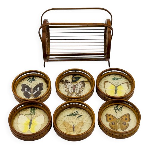 Porte sous verres vintage en bois avec 6 dessous papillons