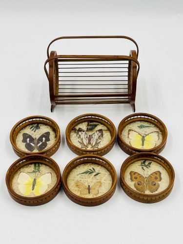 Porte sous verres vintage en bois avec 6 dessous papillons